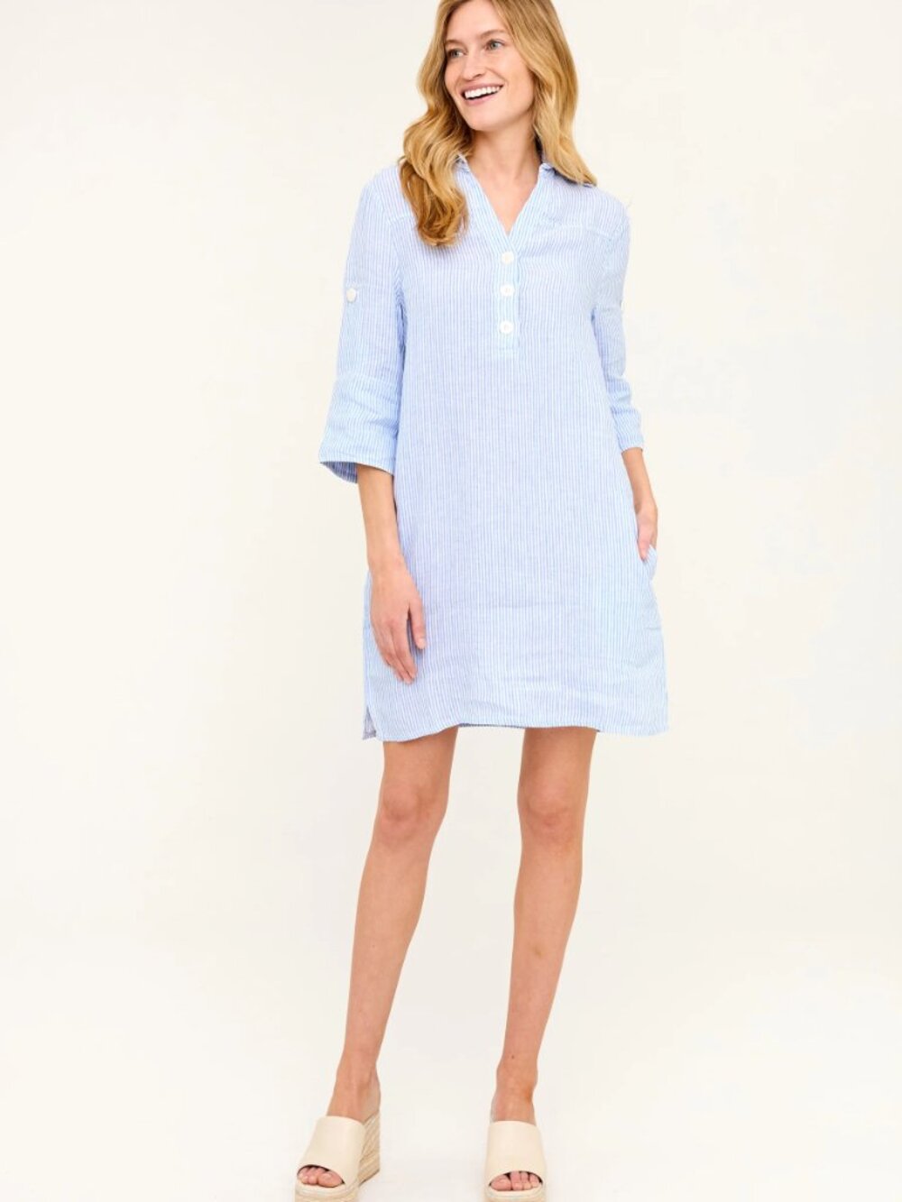 Hiho Sophie Dress Blue Striped Linen Coastal Preppy Quiet Luxury Tunic Dress